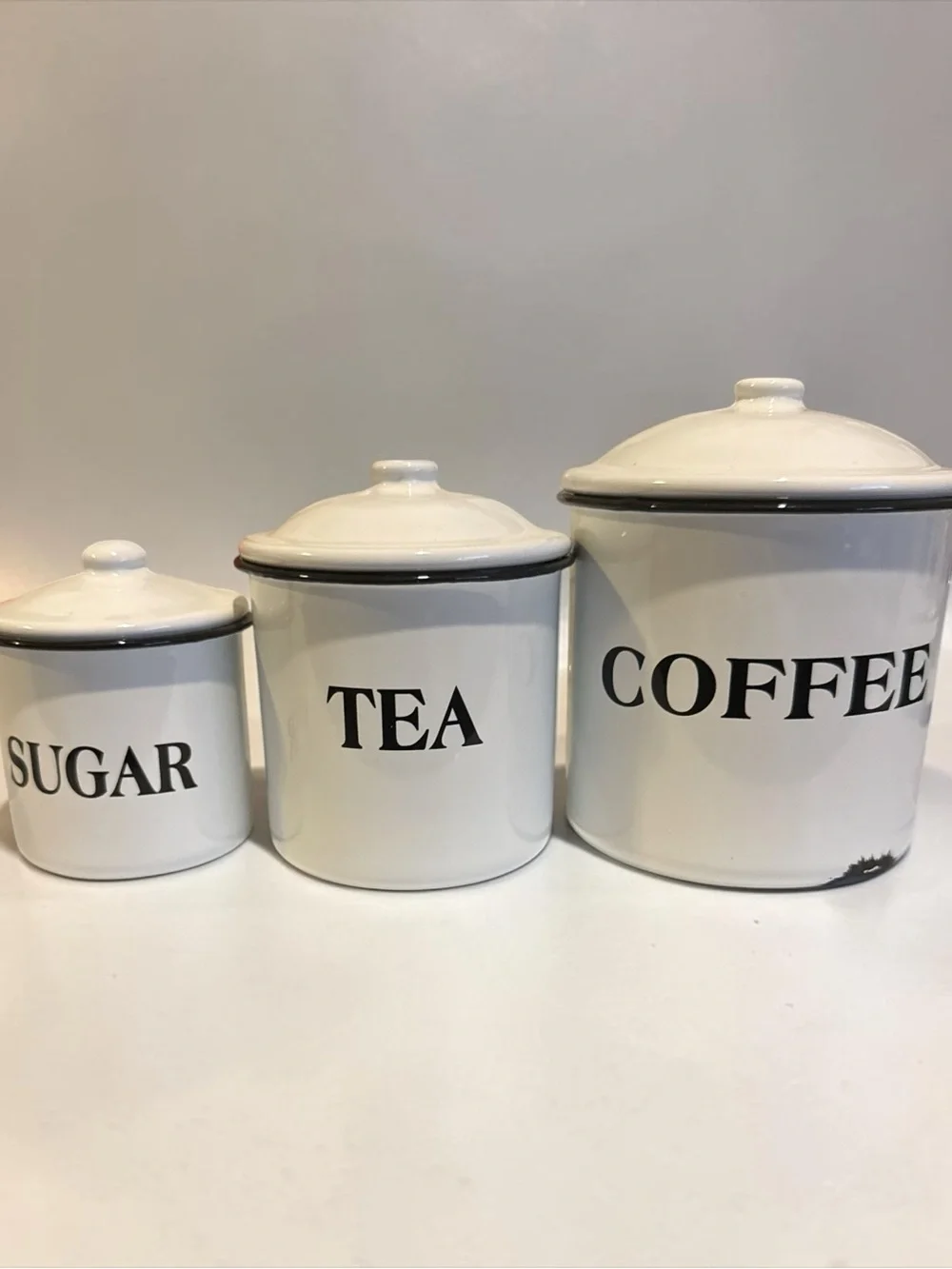 a new day White & Black Enamel Tea, Coffee & Sugar Canister Set